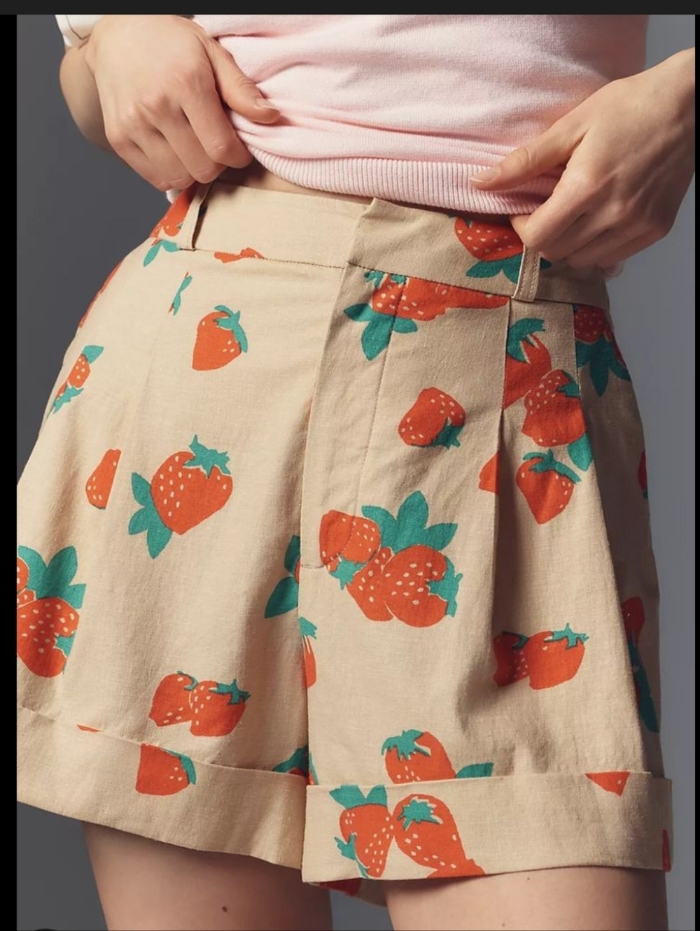 Anthropologie Maeve Avery Strawberry Print Cuffed Trouser Short Linen Blend 12 - Picture 2 of 9